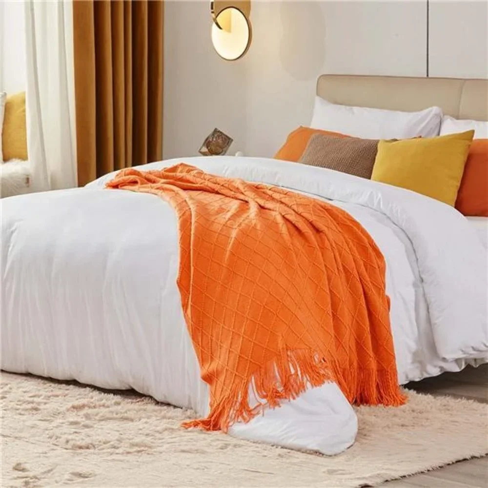 Decorative Knitted Throw Blankets Soft Cozy Blanket with Tassel, Burnt Orange